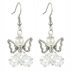 Прозрачный Болтающие серьги из стекла, с бусинами из сплава и 304 крючками для сережек из нержавеющей стали, ангел, прозрачные, 44~45x18 мм