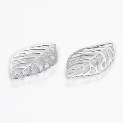 Stainless Steel Color 201 Stainless Steel Pendants, Leaf, Filigree, Stainless Steel Color, 23.5x13.5x0.2mm, Hole: 1mm
