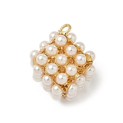 Белый Подвески из искусственного жемчуга, квадратный, с золотой латуни нахождения, ионное покрытие (ip), долговечный, без свинца и без кадмия, белые, 20.5x16x15 мм, отверстие : 2 мм