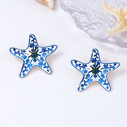 Синий Серьги сплава, морская звезда, с керамикой, золотой свет, синие, 42x46.5 мм