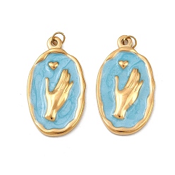 Темно-Голубой 304 нержавеющей стальной эмали подвески, овал с рисунком жестов, реальный 18 k позолоченный, ионное покрытие (ip), с целью перехода в кольце, глубокое синее небо, 29x16.5x2.5 мм, отверстие : 3 мм