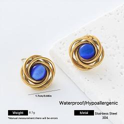 Blue Imitation Gemstone 304 Stainless Steel Resin Stud Earrings for Women, Flower, Golden, Blue, 17mm