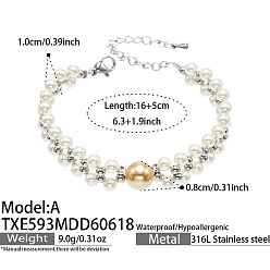Stainless Steel Color White Shell Pearl 316L Surgical Stainless Steel Woven Beaded Bracelets for Women, Round, Stainless Steel Color, 6.30 inch(16cm)