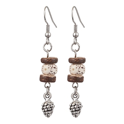 Античный Серебристый & Цвет Нержавеющей Стали 304 из нержавеющей стали болтаться серьги, с бусинами из дерева и кокоса, старинное серебро и цвет нержавеющей стали, 56x8.5 мм