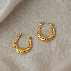 Real 18K Gold Plated 304 Stainless Steel Textured Oval Hoop Earrings for Women, Real 18K Gold Plated, 21.6x20mm