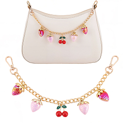 Mixed Color Alloy Pink and Red Enamel Strawberry Cherry Pendant Iron Twisted Chain Bag Decorative Chains, with Swivel Clasps, Golden, 310mm