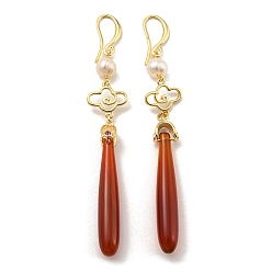 Natural Agate Natural Pearl with Natural Agate Dangle Earrings, Real 14K Gold Plated Brass Findingds for Women, Teardrop, 77x6mm