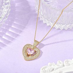 Pink Brass Pave Pink Cubic Zirconia Heart Pendant Brass Curb Chain Necklace for Women, Golden, Pink, 17.52 inch(44.5cm)