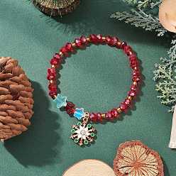Красный Браслеты с подвесками в виде снежинок из сплава и эмали на рождественскую тематику, браслеты из стеклянных бусин для женщин, красные, внутренний диаметр: 2 дюйм (5 см), Кулон : 21x18x5.5 мм