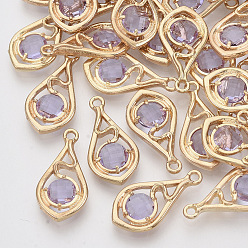 Lilac Faceted Glass Pendants, with Eco-Friendly Alloy Open Back Settings, Nickel Free, Teardrop, Light Gold, Lilac, 21x11x3.5mm, Hole: 1.6mm