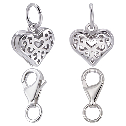 Платина 2шт. полые, покрытые родием 925 подвески в форме сердца из стерлингового серебра, с соединительными кольцами и 2шт. карабинами, анти-тускнение, платина, 9x9.5x3.5 мм, отверстие : 3.8 мм