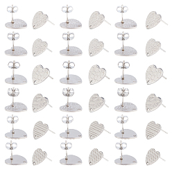 Stainless Steel Color 36Pcs 6 Style 304 Stainless Steel Stud Earring Findings, with Ear Nuts/Earring Backs and Hole, Heart Shape with Textured, Stainless Steel Color, 12x13x1mm, Pin: 0.8mm, 6pcs/style