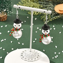 Color mezclado Pendientes colgantes de murano hecho a mano de navidad, muñeco de nieve, con granos de acrílico de la perla imitado, cuentas de vidrio y pendientes de acero inoxidable, color mezclado, 304 mm