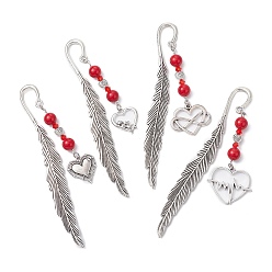 Mixed Shapes Закладки-подвески в форме сердца из сплава ко Дню святого Валентина, Закладка из окрашенного натурального нефрита машан из бисера, закладка из перьев, разнообразные, 115.5 мм