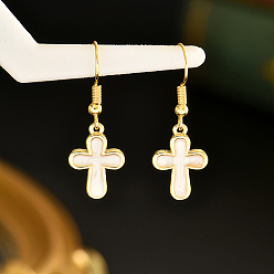 Cross Латунь болтаться серьги, золотые, крестик, 34.9x12.3 мм