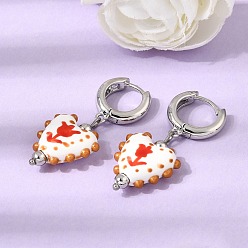 Rouge Boucles d'oreilles créoles en laiton, coeur avec motif de fleurs, avec porcelaine, sans plomb et sans cadmium, crémaillère plaquage, plaqué longue durée, platine, rouge, 40~41x17mm