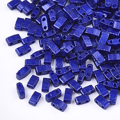 Blue 2-Hole Baking Paint Glass Seed Beads, Rectangle, Blue, 4.5~5.5x2x2~2.5mm, Hole: 0.5~0.8mm