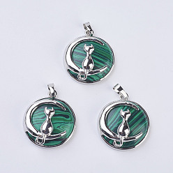 Малахит Кулоны с котенком из малахита, с латунной фурнитурой , плоский круглый с формой кота и полумесяца, платина, 32x27.5x10 мм, отверстие : 5x7 мм