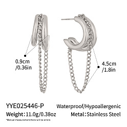 Stainless Steel Color 304 Stainless Steel Stud Earrings for Women, with Chains, Half Hoop Earrings, Stainless Steel Color, 45x9mm