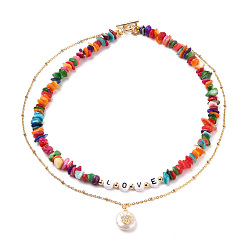 Colorful Valentine's Day Double Layer Necklaces, with Chip Dyed Natural Shell Beads, 304 Stainless Steel Cable Chains, Acrylic Letter Beads and Pearl Pendants, Word Love, Golden, Colorful, 16-1/2 inch(41.9cm)