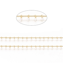 White Brass Handmade Beaded Chain, Curb Chains, with Enamel, Long-Lasting Plated, Real 18K Gold Plated Unwelded, with Spool, White, 2x1.5x0.8mm, Charm: 6x2x2mm, about 32.8 Feet(10m)/roll