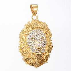 Golden 304 Edelstahl große Anhänger, mit Strass, Löwe, golden, 57.5x39x17 mm, Bohrung: 11x8 mm
