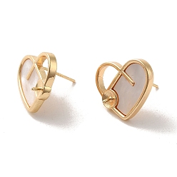 Golden Brass with Natural Shell Stud Earring Findings, Earring Settings for Half Drilled Beads, Heart, Golden, Tray: 4mm, 15x18mm, Pin: 11x0.7mm and 1mm