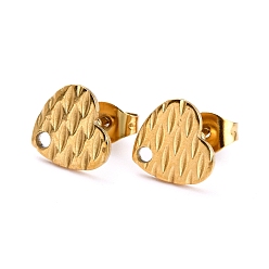 Golden Ion Plating(IP) 304 Stainless Steel Stud Earring Findings, with Ear Nuts/Earring Backs and Hole, Heart Shape with Textured, Golden, 8.4x9x1mm, Pin: 0.8mm