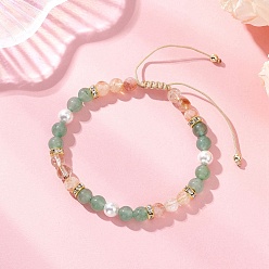 Зеленый Авантюрин Браслеты из круглых бусин с натуральным зеленым авантюрином, натуральным цитрином и жемчугом из раковин, плетеные из бусин., плетеные браслеты из нейлоновой нити для женщин, с Гальваническим немагнитных синтетическими гематита бисера, внутренний диаметр: 1.99~2.95 дюйм (5.05~7.5 см)