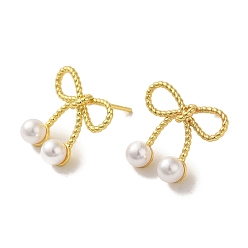 Настоящее золото 18K Серьги-гвоздики из латуни с покрытием стойки, с пластиковой бисера, долговечный, без свинца и без кадмия, бантом, реальный 18 k позолоченный, 16.5x17.5 мм