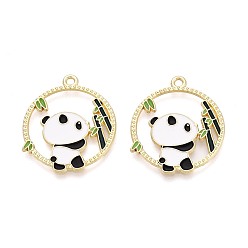 Разноцветный Подвески из эмали и сплава, плоская круглая панда с бамбуковыми подвесками, золотой свет, красочный, 29x25x1.5 мм, отверстие : 1.8 мм