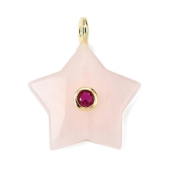 Розовый Кварц Природного розового кварца подвески, Подвески в виде звезд с латунными фианитами в оправе из кубического циркония, золотые, 35.5~37x29.5~31.5x8.5~10.5 мм, отверстие : 4 мм