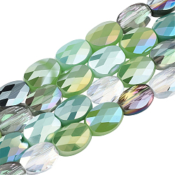 Желто-Зеленый 3 пряди гальванические стеклянные бусины пряди, с покрытием AB цвета, граненые, овальные, желто-зеленый, 8x6x4 мм, отверстие : 1.2 мм, около 69~70 шт / нитка, 22.83~23.03 дюйм (58~58.5 см)