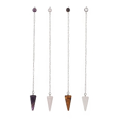 Mixed Stone Mixed Natural Gemstone Hexagonal Pointed Dowsing Pendulums, with 304 Stainless Steel Findings, Faceted Cone Charm, 220mm