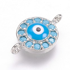 Платинированный Латунные микро проложить кубических ссылки циркония, Реальная платина, плоские круглые с сглаза, 14.5x9x3 мм, отверстие : 1 мм