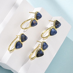 Содалитовое Серьги-гвоздики в форме сердца из натурального содалита ко Дню святого Валентина, с латунными застежками для сережек с гальваническим покрытием, золотые, 26x10 мм