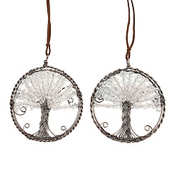 Хрусталь Подвесные украшения из латуни и натурального кварцевого кристалла, плоский круглый с подвесными украшениями в виде дерева жизни, 390~400 мм