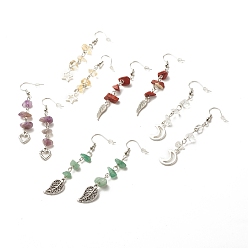 Mixed Stone Natural Gemstone Chips Beads Long Chain Dangle Earrings, Brass Jewelry for Women, 60~70mm, Pin: 0.7mm