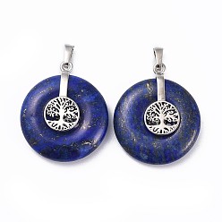 Lapis Lazuli Natural Lapis Lazuli Pendants, with Platinum Tone Brass Findings, Donut/Pi Disc with Tree of Life, 35.5x30x8.5~9.5mm, Hole: 4.5x6.5mm
