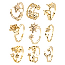 Real 18K Gold Plated 9Pcs 9 Style Adjustable Brass Micro Pave Clear Cubic Zirconia Cuff Rings, Open Rings, Long-Lasting Plated, Moon & Star, Real 18K Gold Plated, 1pcs/style