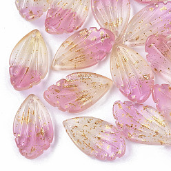 Бледно-Розовый Двухцветные прозрачные стеклянные подвески, с блеском порошок, матовые, лист, розовый жемчуг, 22.5x12.5x4.5 мм, отверстие : 1 мм