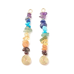 Light Gold Чакра натуральный и синтетический драгоценный камень медная проволока обернутая большие подвески, натуральный гранат, цитрин, аметист, красный авантюрин, зеленый авантюрин и лазурит, синтетические бирюзовые, чип, золотой свет, 66x10x8 мм, отверстие : 3.2 мм