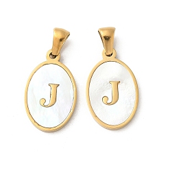 Letter J Натуральный ракушечный овал с инициалами, с 304 установками из нержавеющей стали, ионное покрытие (ip), реальный 18 k позолоченный, белые, буква J, 21x13x2 мм, отверстие : 3.5x5 мм