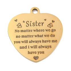 Настоящее золото 18K Вакуумное покрытие pvd 201 подвески из нержавеющей стали, Подвески-послания на семейную тему, сердце со словами-подвесками, реальный 18 k позолоченный, 30.5x29x2 мм, отверстие : 3 мм