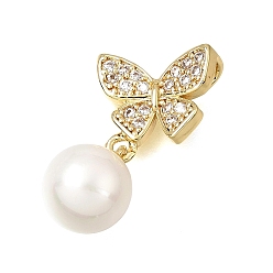 Doré  Pendentifs en laiton sertis de micro-pavés de zirconiums cubiques transparents et de perles d'imitation en ABS, charmes de papillon, crémaillère plaquage, plaqué longue durée, sans cadmium et sans plomb, blanc, or, 28x14x10mm, Trou: 5x2.5mm