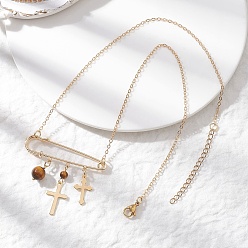 Золотой 201 Женские ожерелья-цепочки из латунного кабеля с круглой подвеской из натурального тигрового глаза из нержавеющей стали, золотые, 17.52 дюйм (44.5 см)