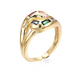 Golden Brass Micro Pave Cubic Zirconia Cuff Rings, Open Rings, Rectangle, Cadmium Free & Nickel Free & Lead Free, Colorful, Golden, US Size 6 3/4(17.1mm)