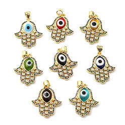 Mixed Color Brass Cubic Zirconia Pendants, with Lampwork, Real 18K Gold Plated, Hamsa Hand Charm, Mixed Color, 24x20.5x4mm, Hole: 5x3.5mm