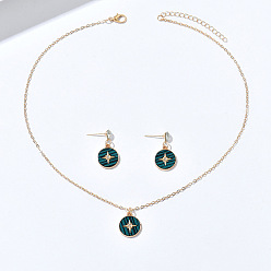 Темно-серый Наборы подвесок и сережек-гвоздиков из цинкового сплава с кристаллами, стразами и акрилом., золотые, плоские круглые с звезды шаблон, темно-серый, колье: 17.72 дюйм (45 см)