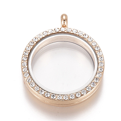 Rose Gold Flat Round Alloy Rhinestone Magnetic Locket Pendants, Photo Frame Living Memory Floating Charms, with Glass Cover, Rose Gold, 37x30x6mm, Hole: 4mm, Inner Diameter: 22.5mm